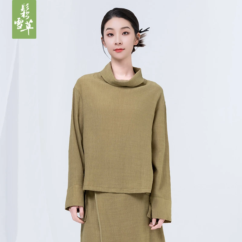 鬆雪草轻薄皱皱布新中式荡领女上装2025夏新款长袖衫女5075101