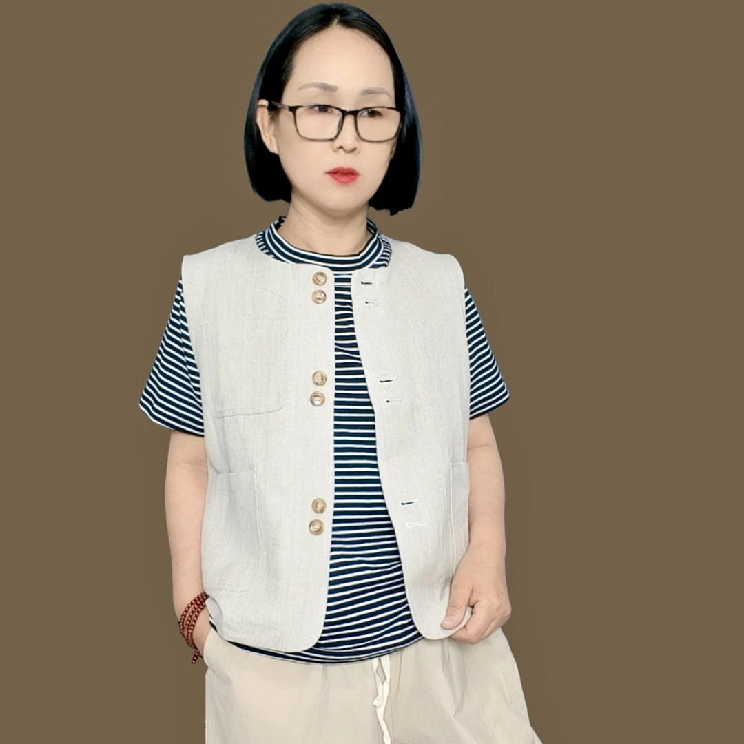 夏季新款亚麻雨露麻斜纹布休闲文艺马甲外套