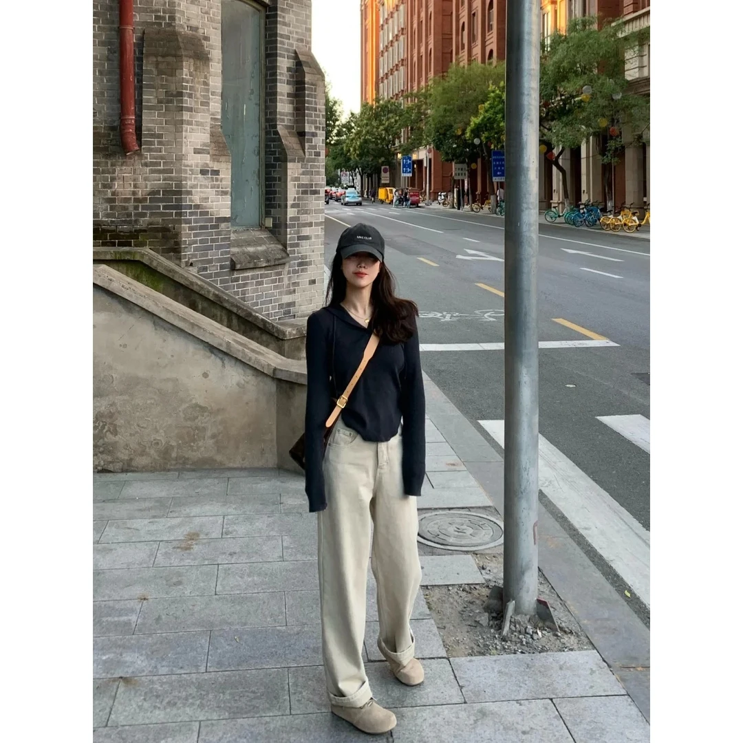 parkyeon早秋新款时尚简约长袖连帽针织衫女高腰显瘦百搭阔腿裤