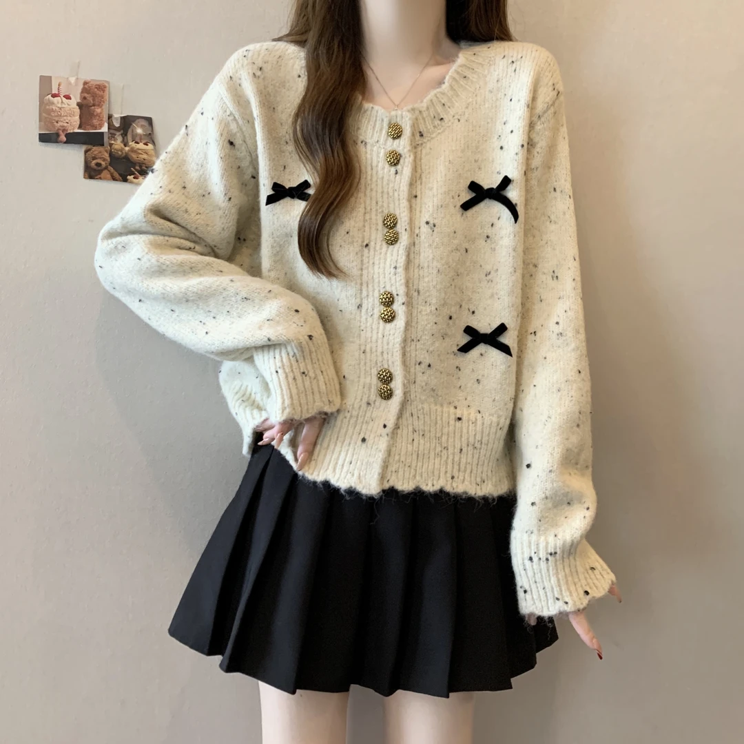韩系chic彩点针织开衫女2025春秋新款大码胖mm短款蝴蝶结毛衣外套