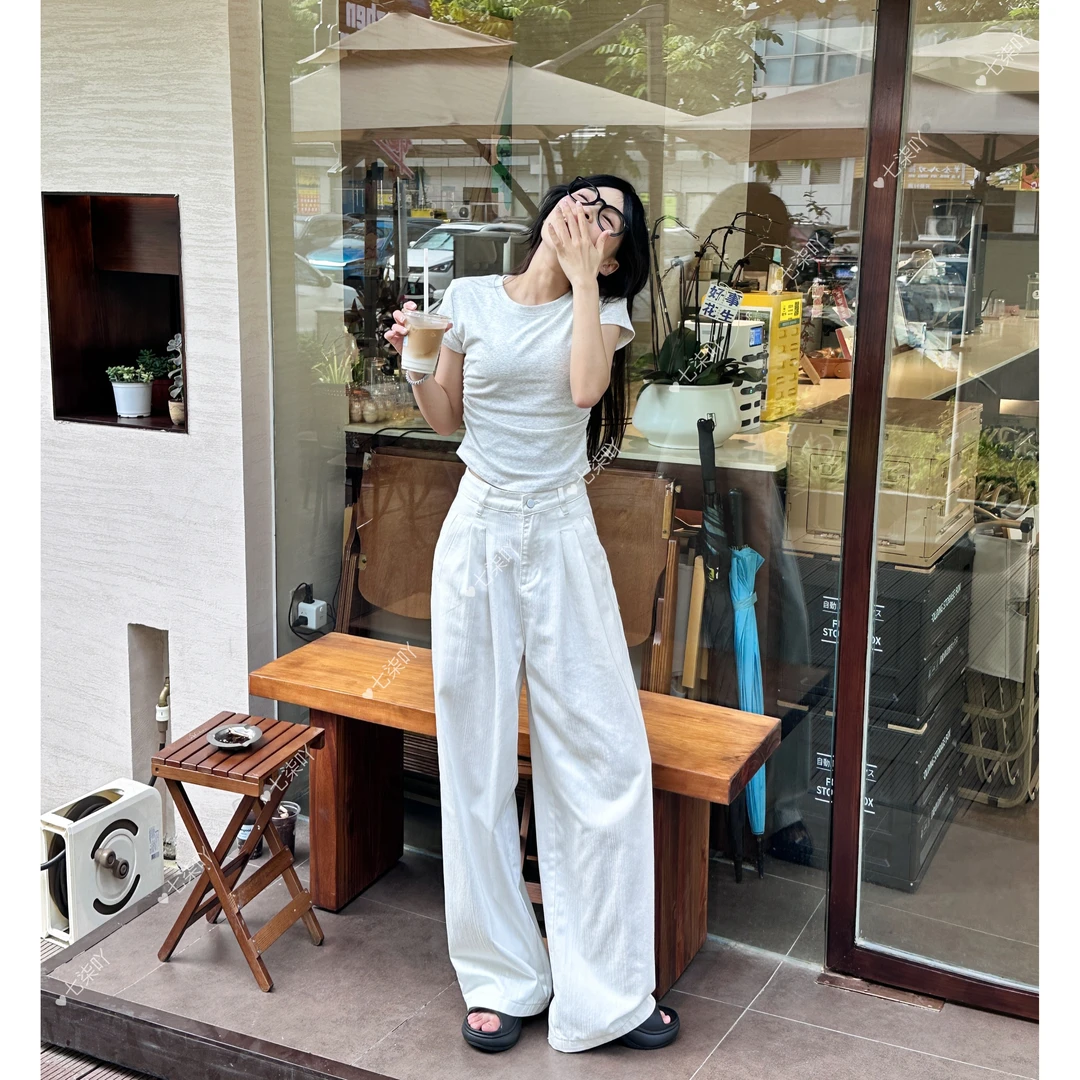 复古时尚牛仔裤女2025爆款高腰垂感透气阔腿裤-3085