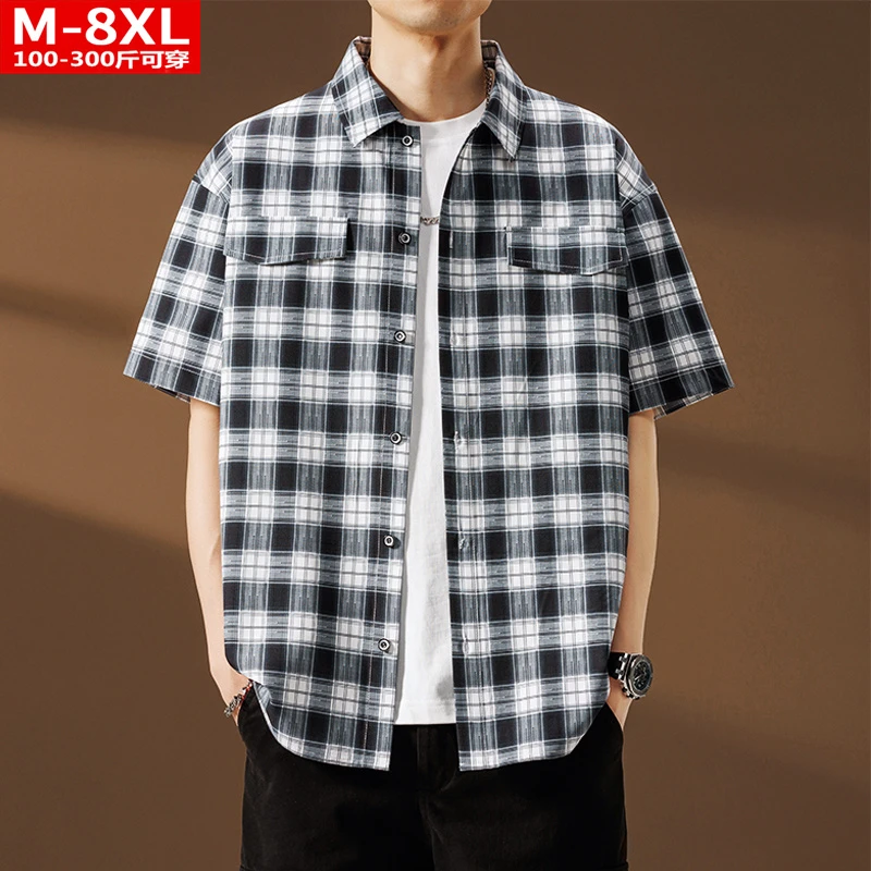 夏季港风潮男装时尚格子方领短袖衬衫胖男士加肥大码宽松休闲衬衣