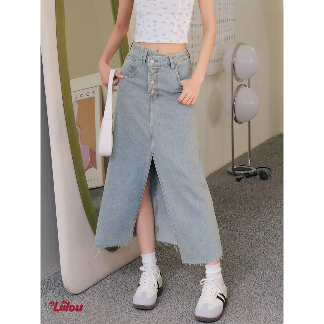 3172【金拐子专属】Liilou 不规则高腰A字开衩牛仔长半裙