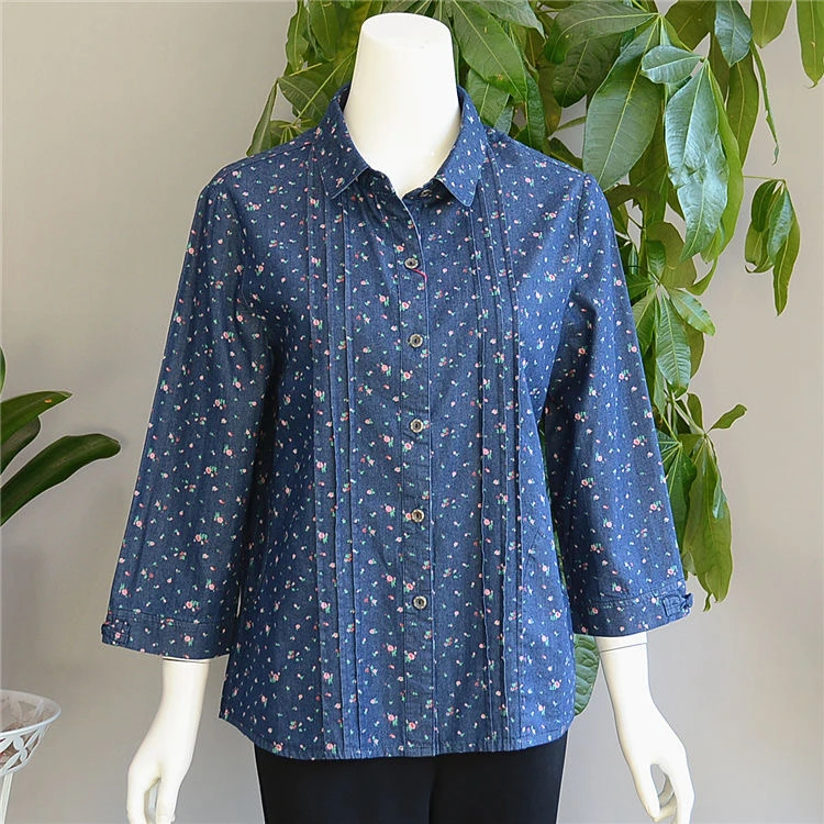 中老年夏装女纯棉牛仔衬衫七分袖薄款奶奶装宽松上衣老人衣纯棉