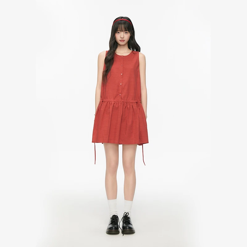 King Prince抽绳腰背心裙圆领娃娃裙女夏设计感宽松a字红色连衣裙