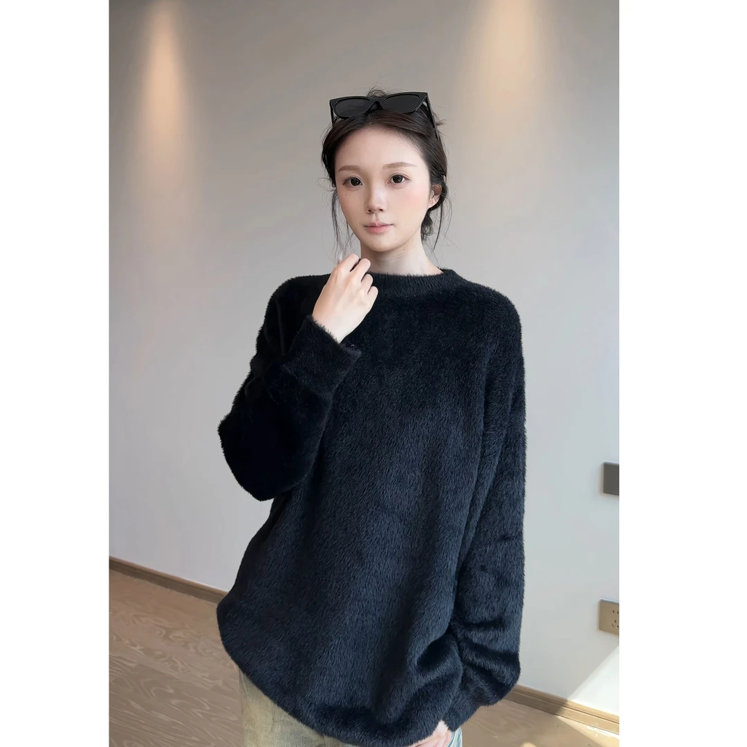 仿马海毛白色男毛衣慵懒风高级感内搭打底上衣cleanfit圆领针织衫