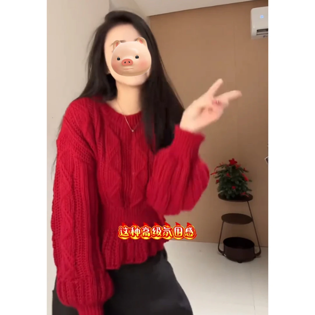 本命年新年战袍红色圆领灯笼袖套头毛衣女秋冬收腰内搭针织衫上衣