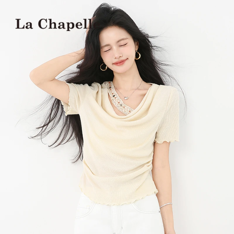 拉夏贝尔木耳边荡领短袖T恤女夏季2025新款修身显瘦短款收腰上衣
