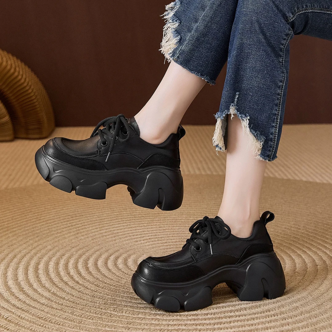 英伦风粗跟厚底小个子乐福鞋女2025秋季新款舒适系带增高小皮鞋