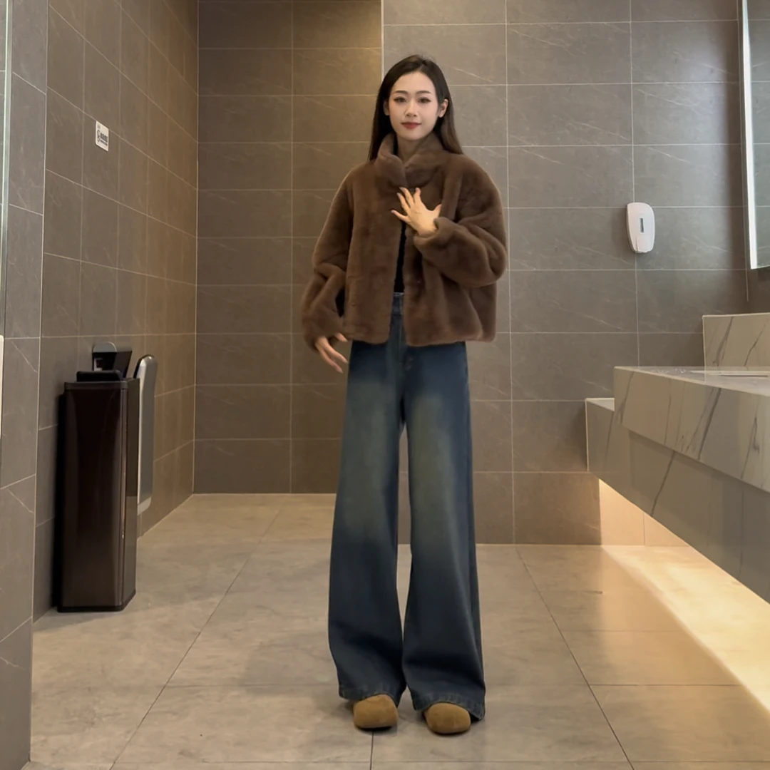 【冬款加绒防寒】2025加绒高腰窄版直筒牛仔裤女百搭拖地裤7407 W