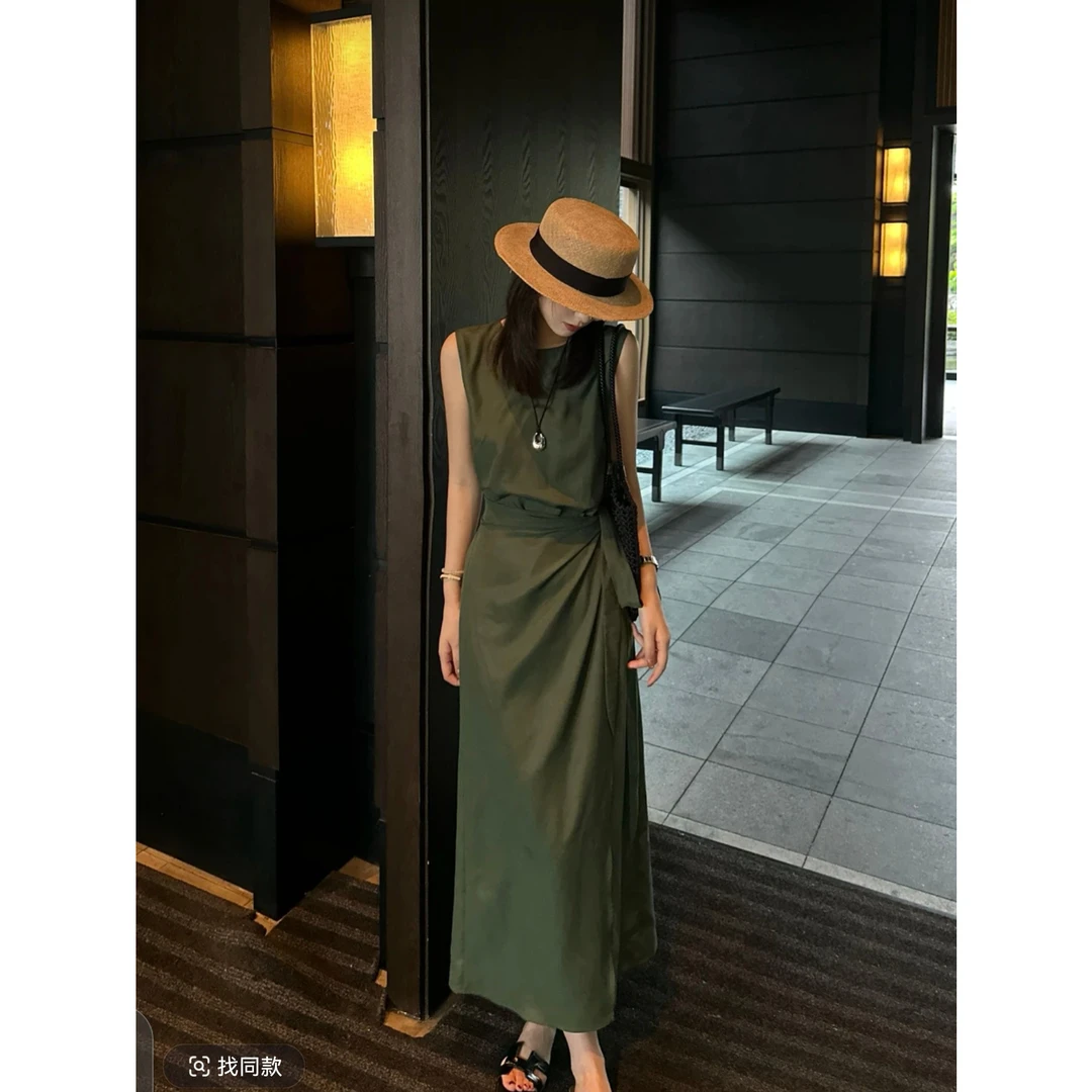LUOZHIYIN/罗知音D113016F圆领绿色黑色连衣裙中长裙气质裙子无袖