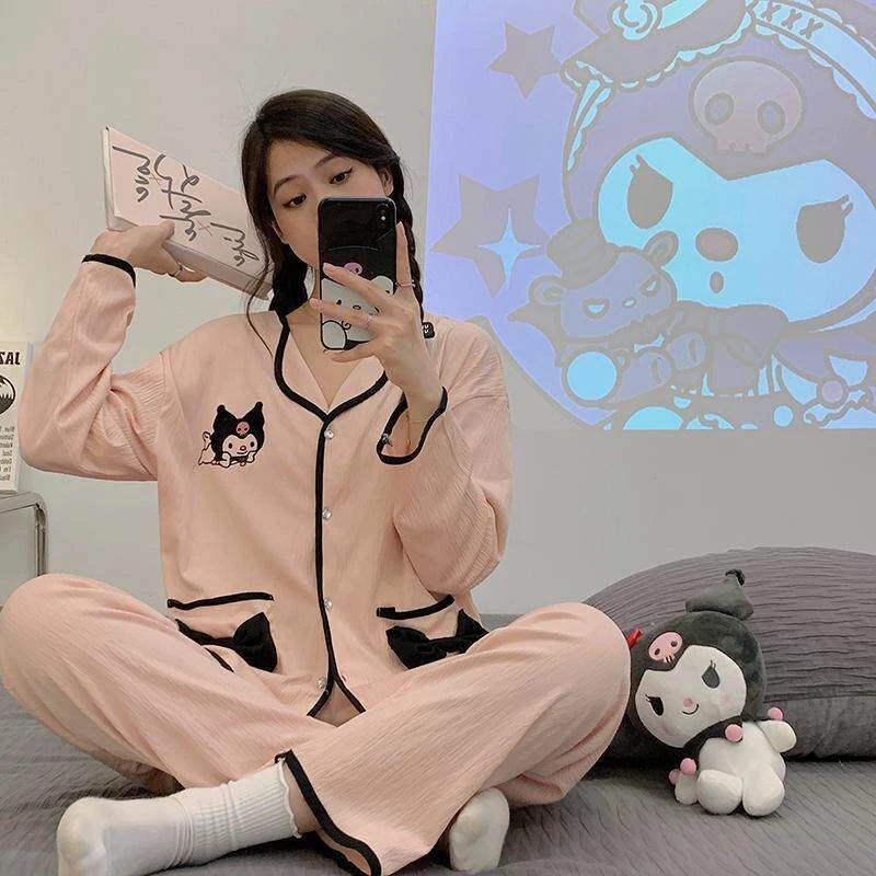 2024年春秋款睡衣女士棉质长裤开衫秋天套装卡通舒适家居服可外