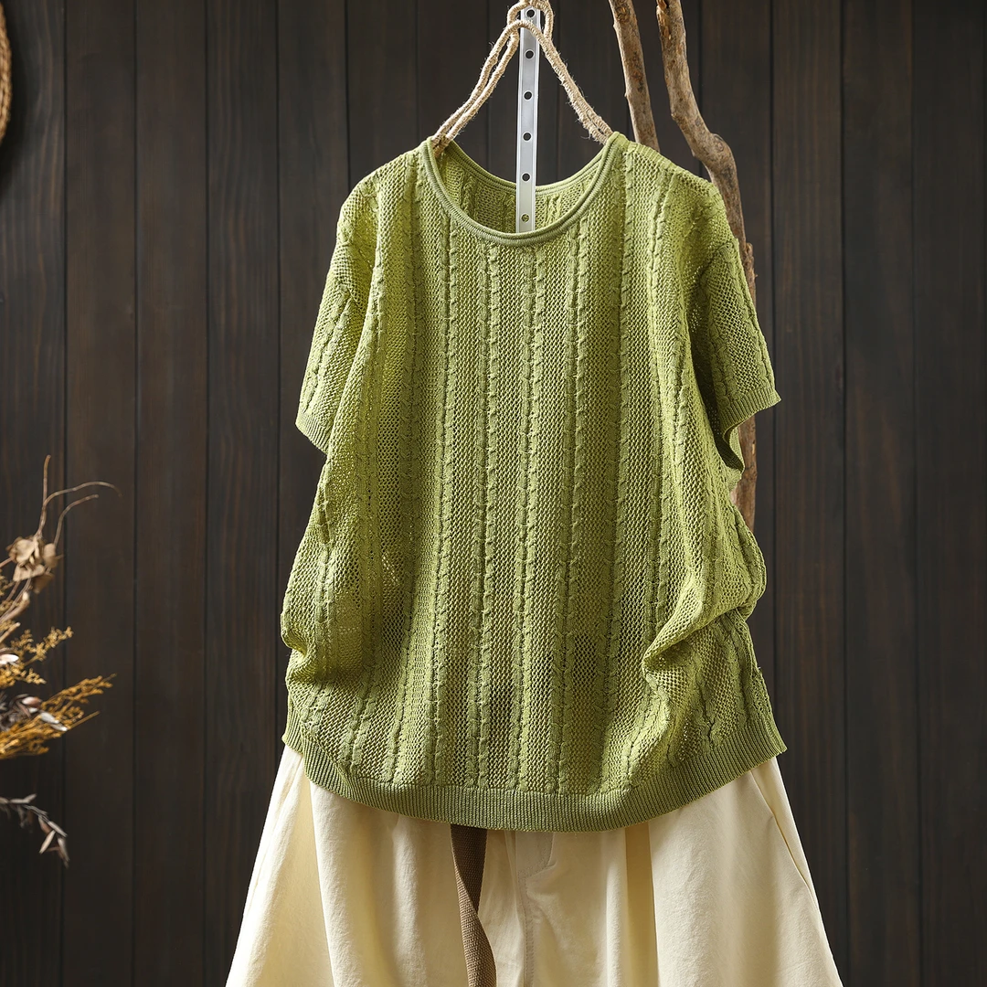 镂空亚麻天丝短袖针织衫女2025夏季新款文艺复古宽松休闲百搭上衣