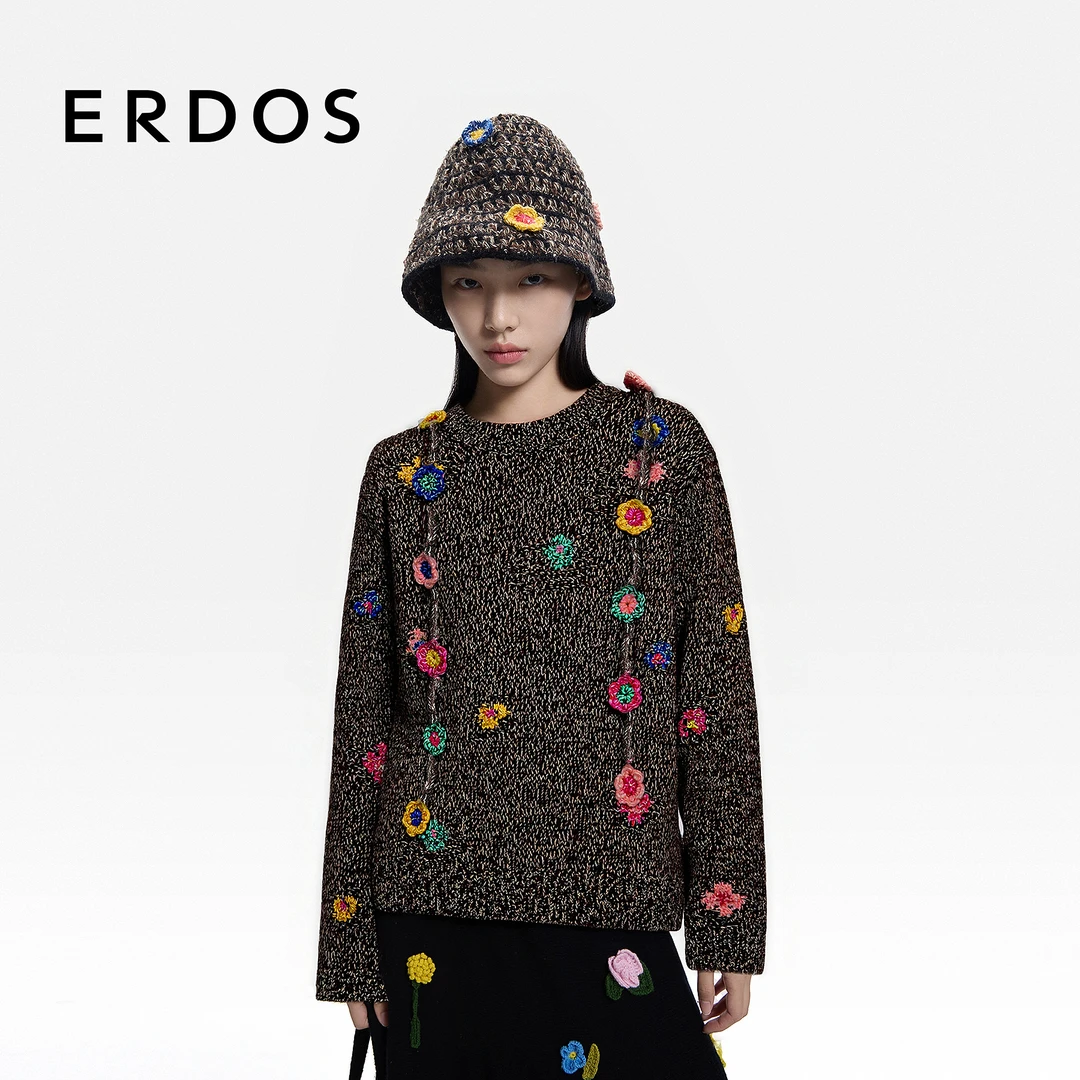 ERDOS 多巴胺提花圆领女套衫2026年早春新品毛绒针织衫恋恋花屋