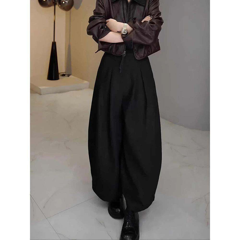 黑色压褶花苞裤女秋季流行新款宽松遮肉九分裤时髦通勤减龄阔腿裤