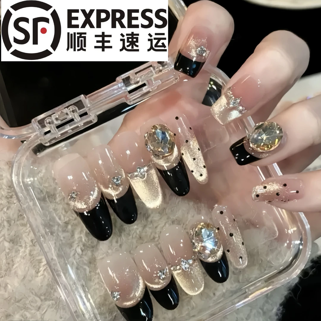 【珍妮】EchoNail纯手工穿戴甲裸色黑色法式香槟色爆闪猫眼气质显白