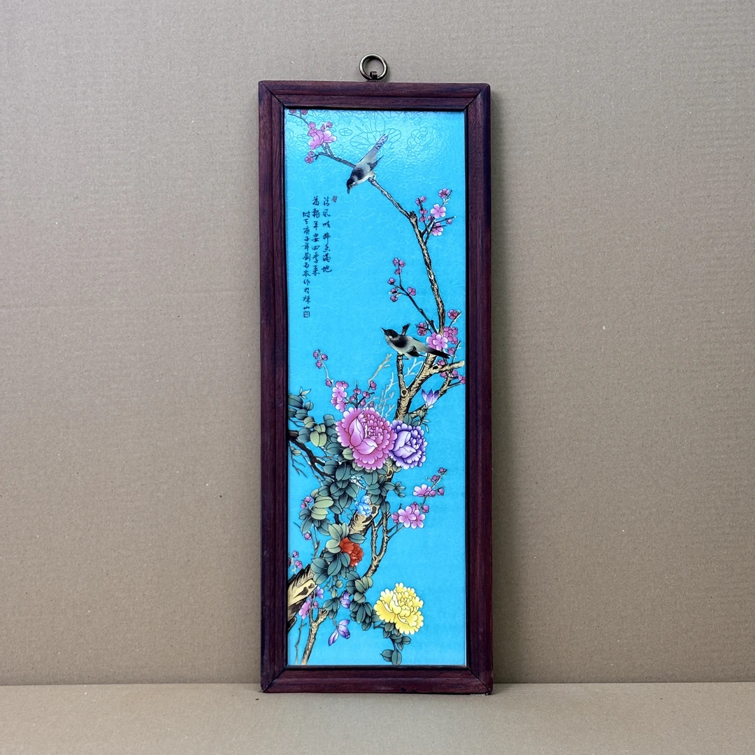 景德镇手工手绘瓷板画柴窑刘雨岑珐琅彩翠绿四季花鸟瓷画55x21cm