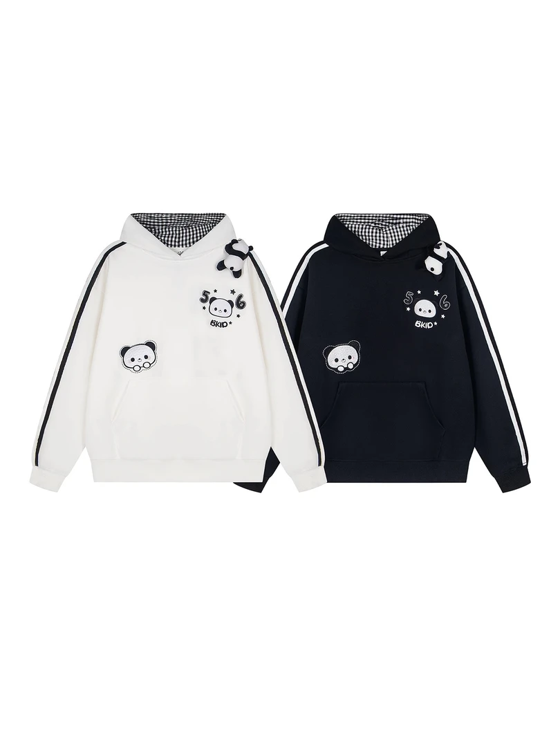 莓U烦恼o/小众设计趣味挂件小熊猫格纹连帽卫衣女男百搭情侣上衣