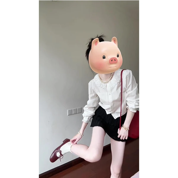 2025秋季新款百搭miu系蕾丝荷叶边白色衬衫女秋上衣小黑裙套装