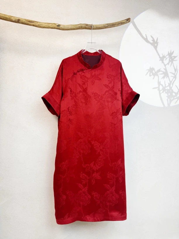红色提花缎香云纱桑蚕丝100%新中式大码连衣裙大码敬酒服