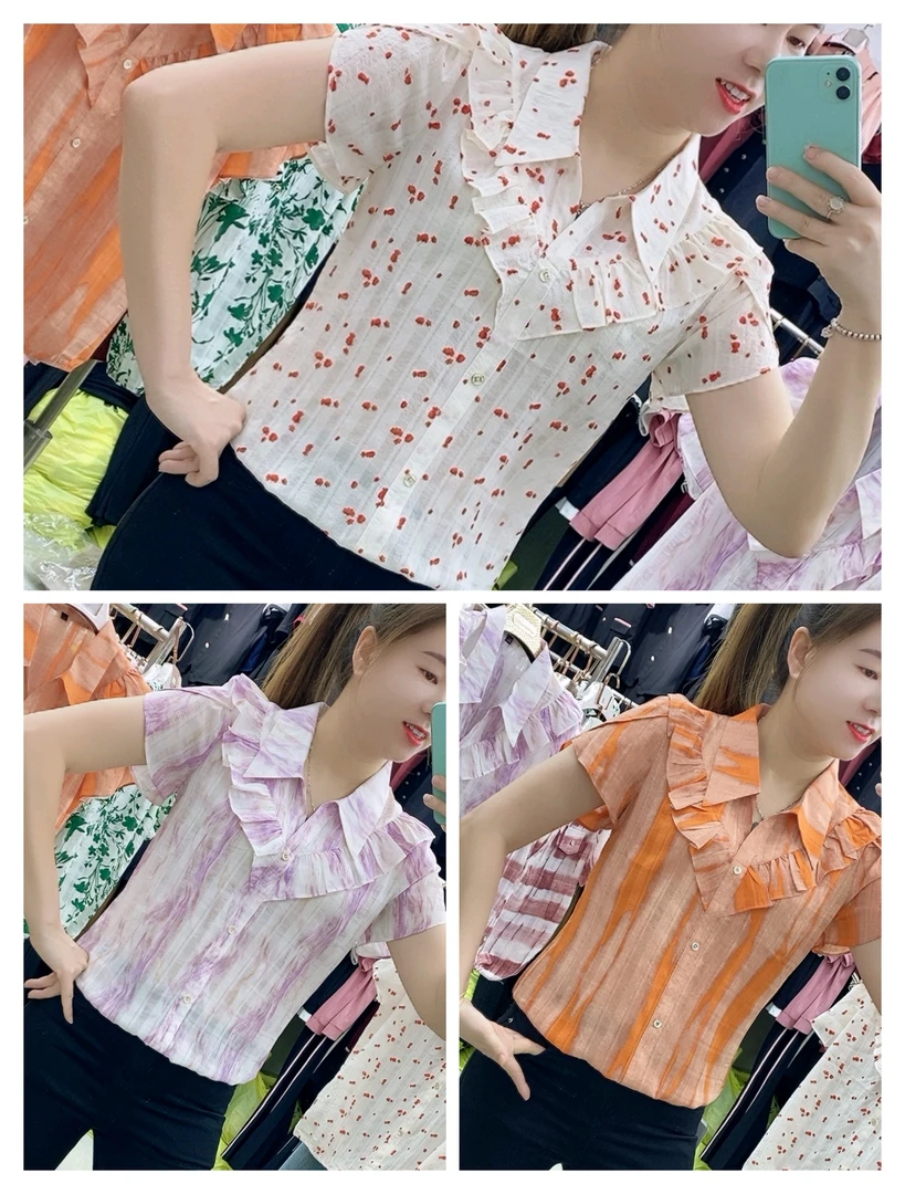 【十姐妹推荐】夏季短袖时尚碎花衬衫不对称设计翻领边显瘦气质上衣