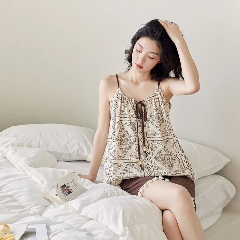 新款吊带睡衣女夏季纯棉薄款洋气纯欲少女夏天家居服两件套可外穿