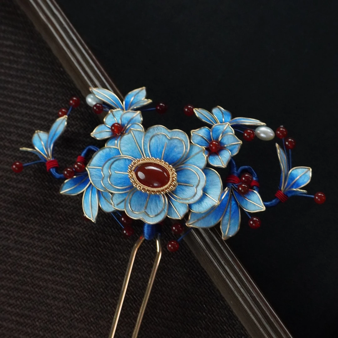 东方雅韵  U型钗古典非遗绒花发饰手工旗袍头花发簪旗袍国风浅蓝