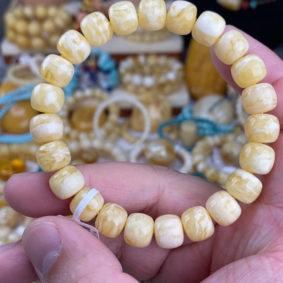 蜜蜡未镶嵌手链瓷白细纹虎皮纹10mm