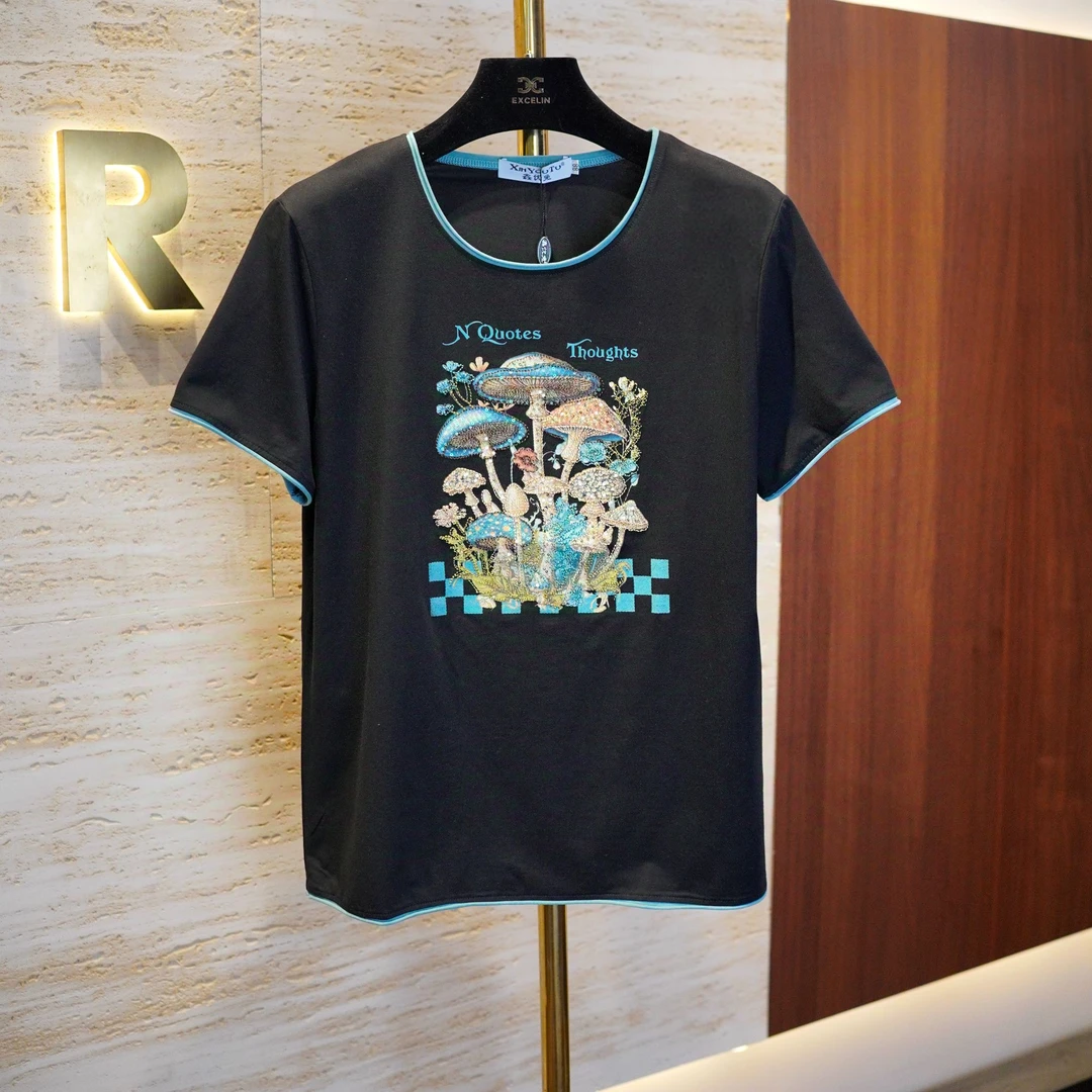 【蓝调蘑菇刺绣短袖V领】夏季新款显瘦减龄重工短袖T女士短袖上衣