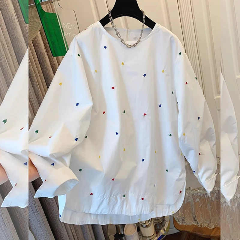 韩系减龄爱心圆领衬衫上衣白色女春秋新款百搭娃娃衫时尚宽松爆款