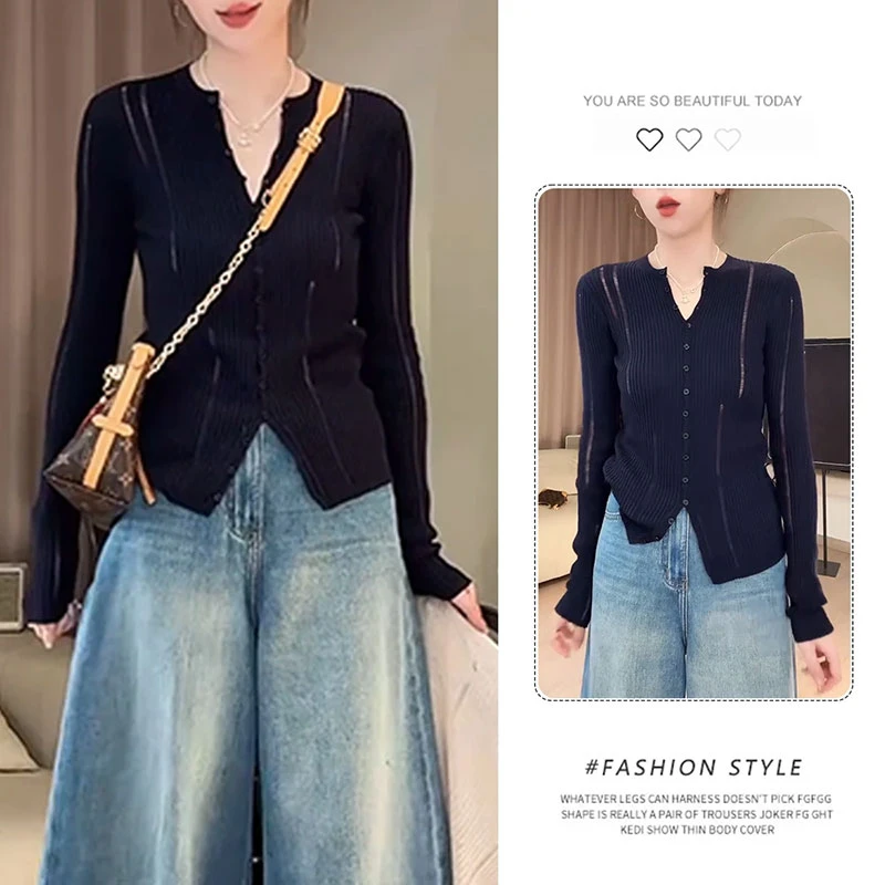 设计感V领长袖针织开衫小众女2025秋季新款气质修身显瘦别致上衣