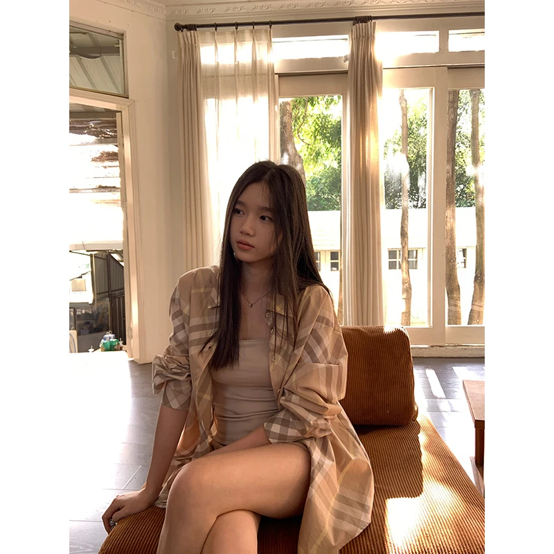 YOKLASS少女家 卡其格纹宽松长袖衬衫中长款上衣外套 C29723S51