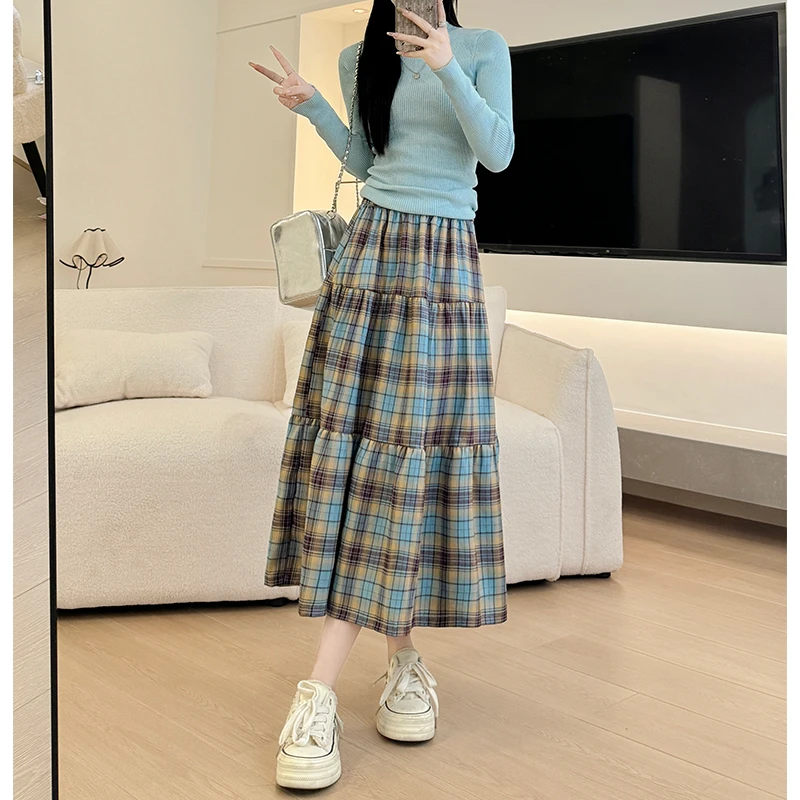 蓝色格子蛋糕裙女2025春秋新款高腰显瘦百搭格纹a字裙