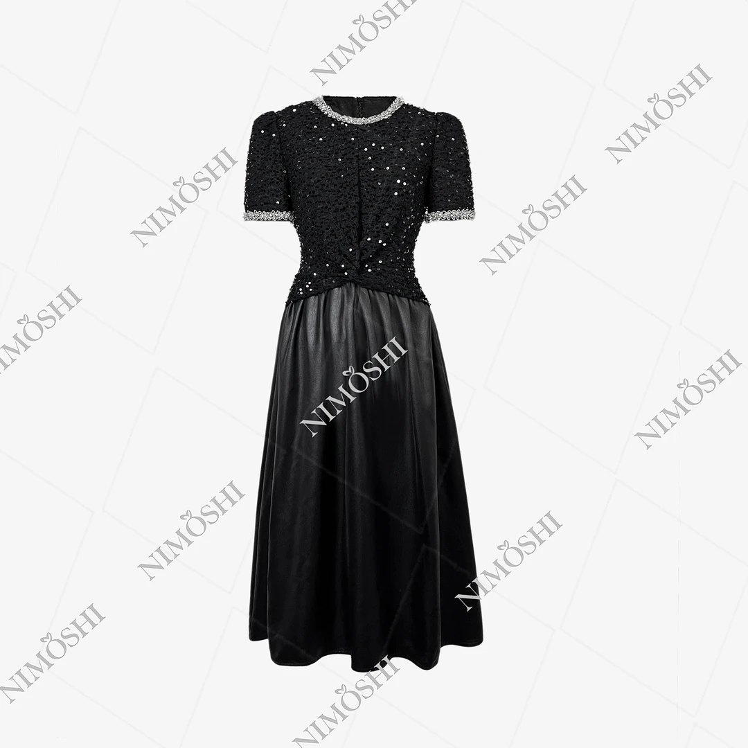 NIMOSHI【倩倩】韩系大摆裙圆领珠绣亮片束腰气质连衣裙女Q1319