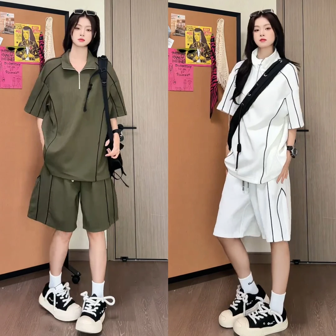 美式高街感明线撞色轻奢休闲套装男潮流时尚痞帅简约透气短裤短袖