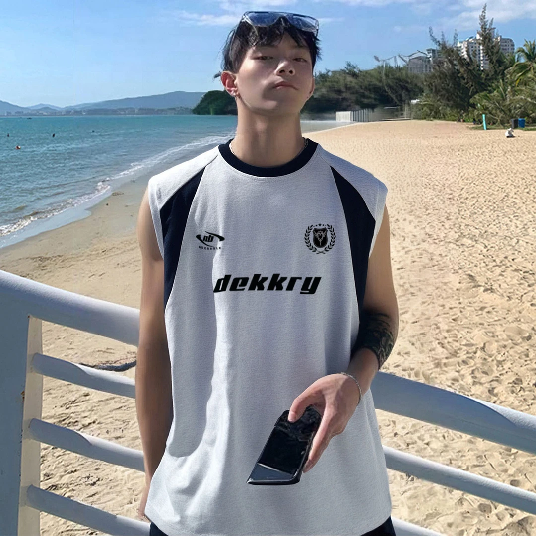 100%纯棉美式设计感拼接坎肩男女背心夏季ins字母数字印花无袖T恤