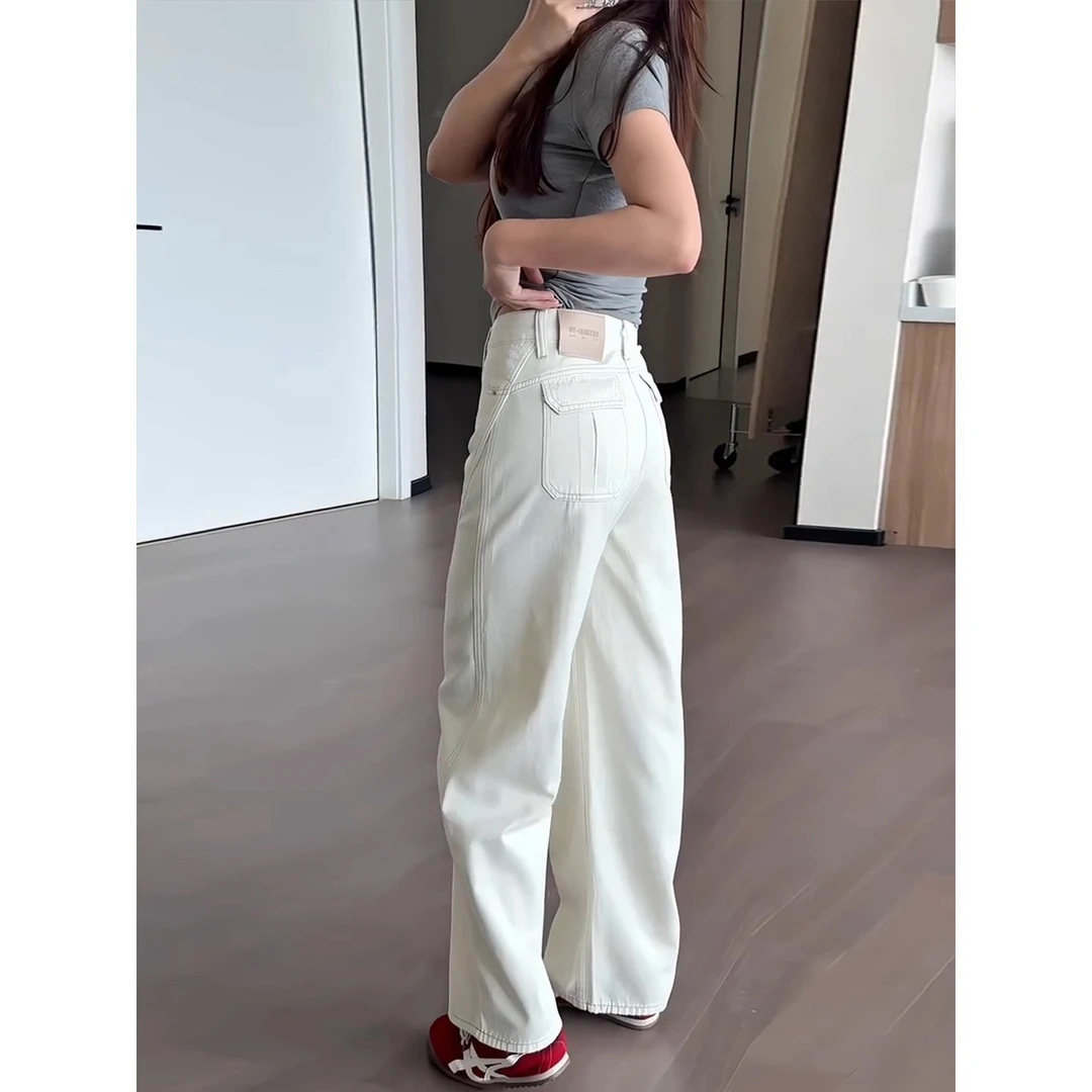 米白色2025秋季新款口袋高腰弯刀阔腿牛仔裤女显瘦直筒宽松拖地裤