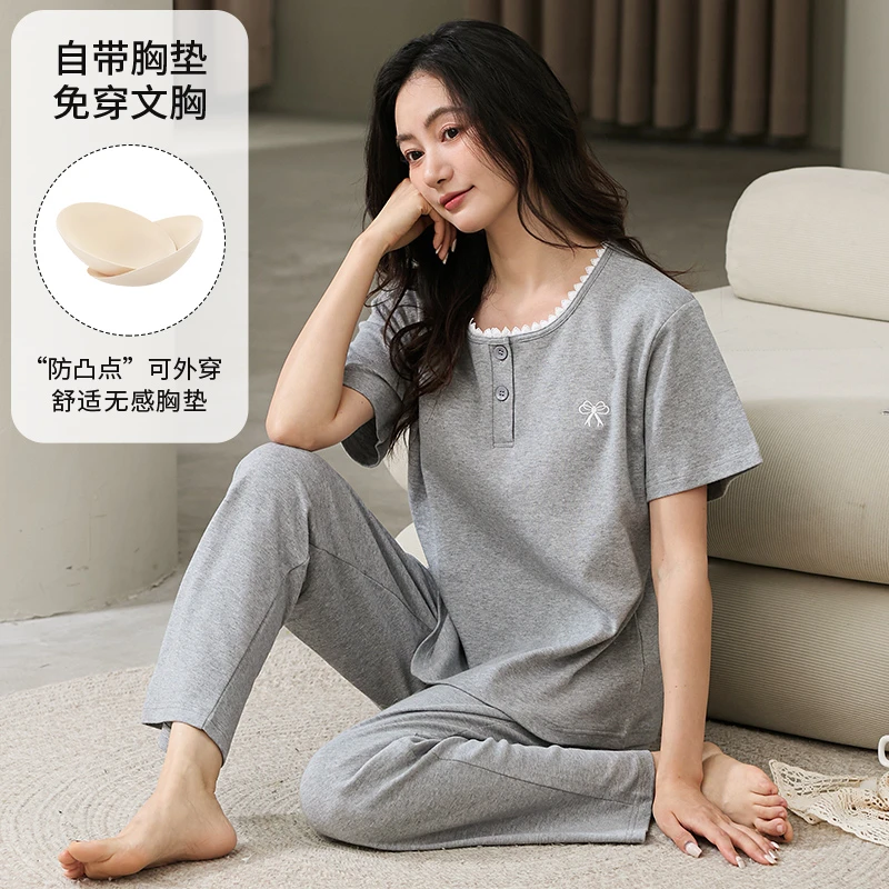 夏季睡衣女带胸垫套头短袖长裤可外穿休闲家居服套装22687H