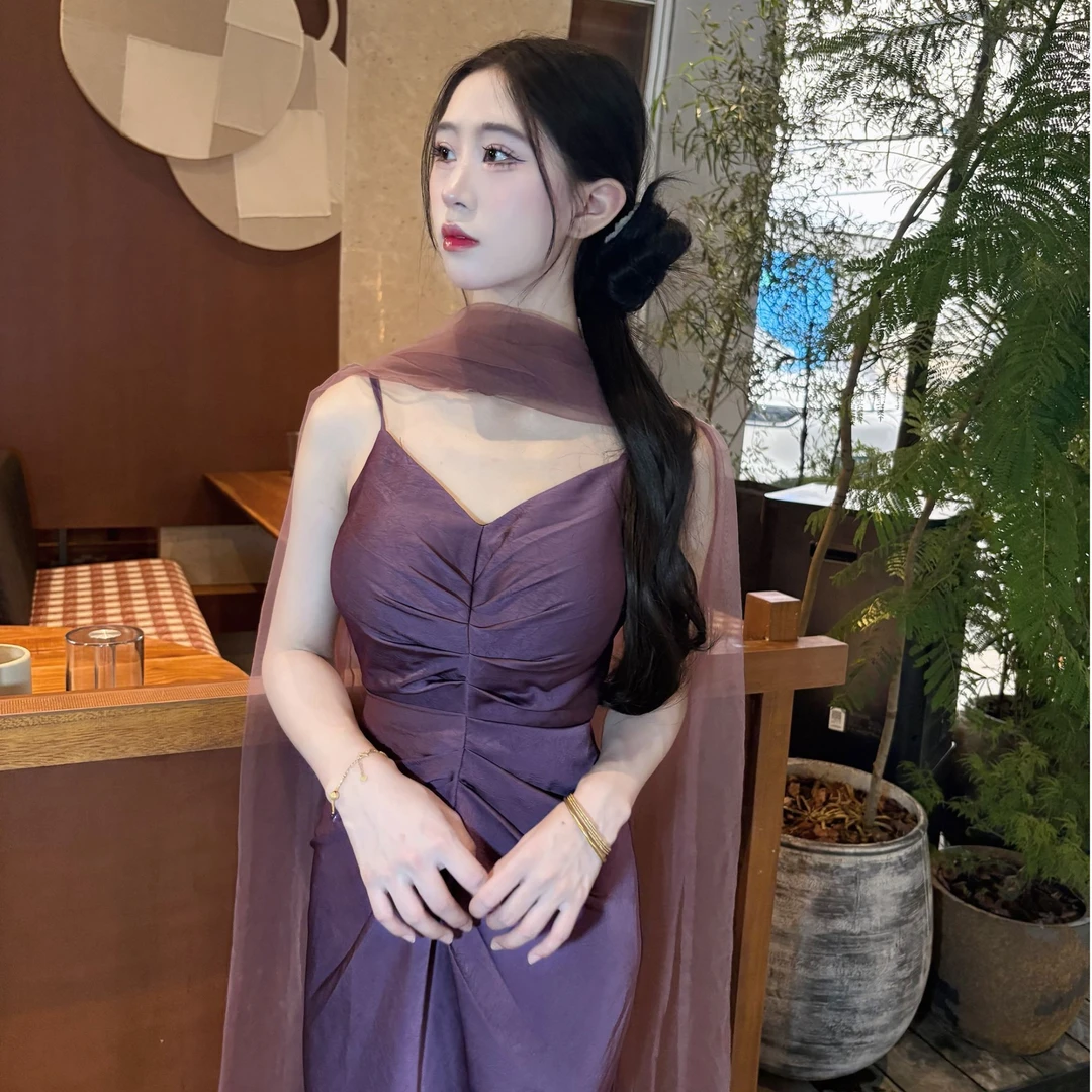 画报夫人原创温柔纯欲缎面性感紫色吊带裙 氛围女紫