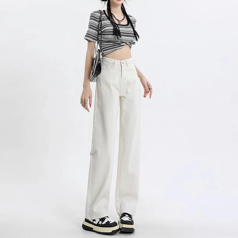 白色直筒牛仔裤女2025春夏新款高腰宽松显瘦小个子垂感拖地阔腿裤