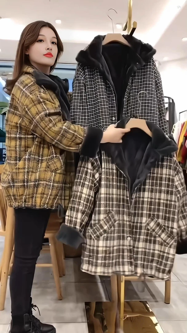 冬新款韩版宽松格子加绒加厚棉服百搭呢子大衣