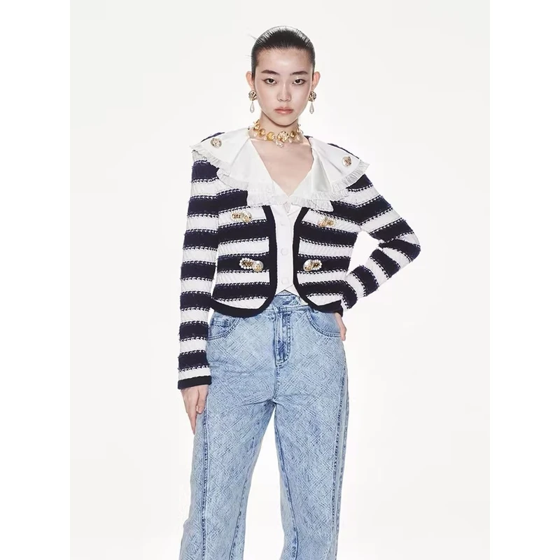 LeFame/拉飞姆LeFame/拉飞姆24春蓝白横条针织外套LF24C31ZC083
