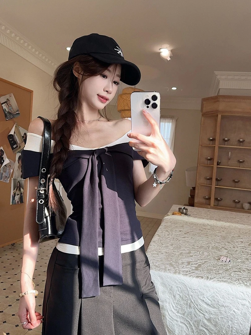夏季设计感撞色一字肩修身显瘦短袖T恤简约气质露肩打底衫上衣潮