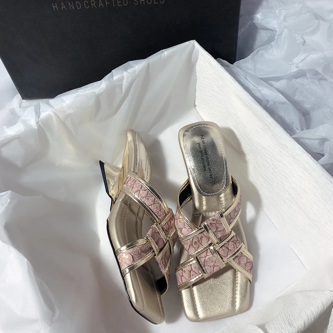 森屿海巷 新款高跟鱼皮坡跟气质一脚蹬编织度假时尚后空真皮拖鞋