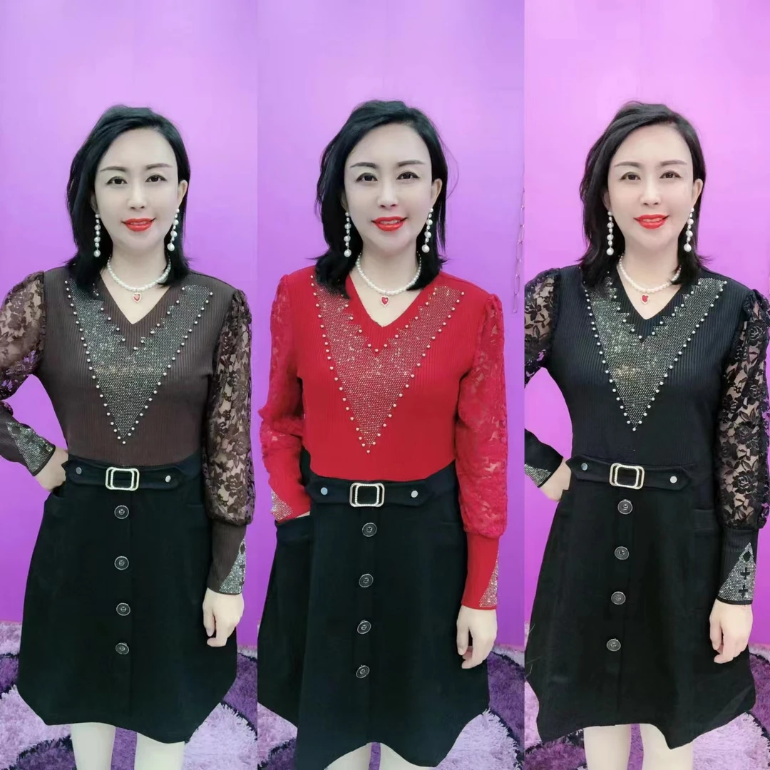 U型珠子领拼接裙