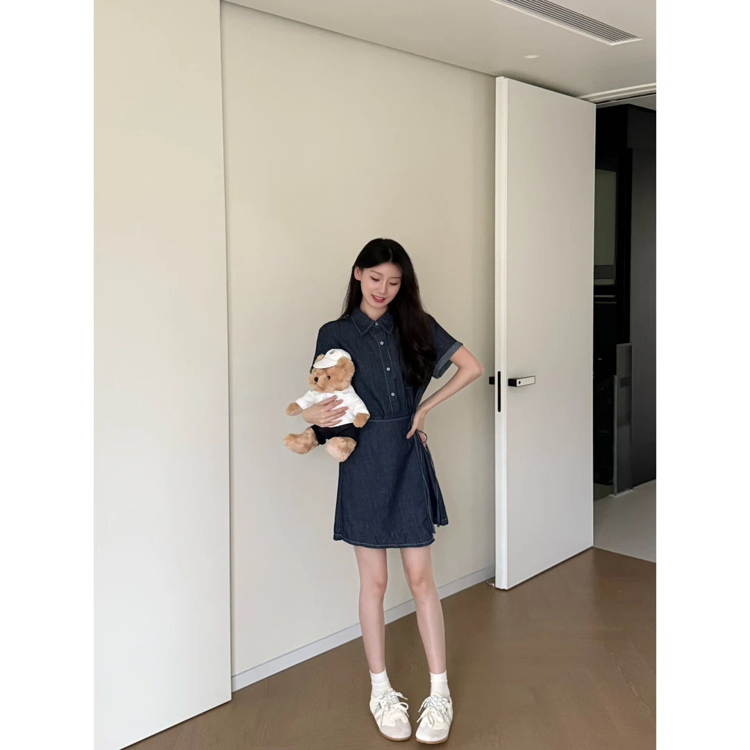 韩版时尚休闲连衣裙翻领牛仔绑带围裙式收腰显瘦短裙2025夏新款