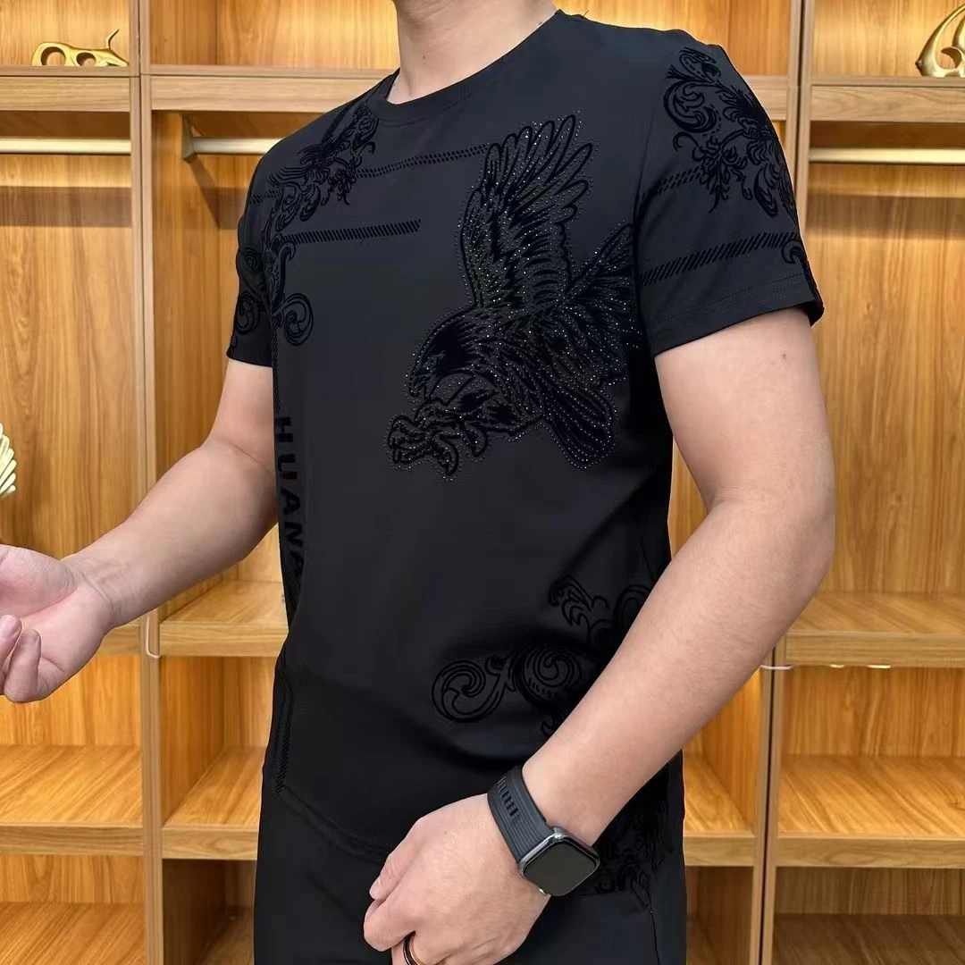 男士短袖t恤时尚轻奢植绒显瘦夏季新款休闲百搭圆领半袖上衣26178