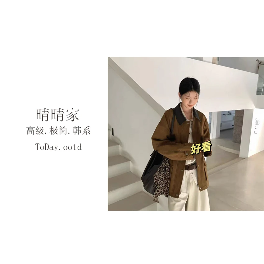 晴晴家-【宝藏衣橱】冬季时尚休闲慵懒感复古翻领大口袋外套8137