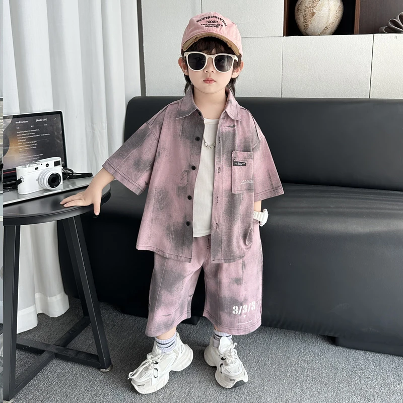 2025男童套装夏季扎染衬衫短袖儿童新款潮童装宝宝中大童男孩两件
