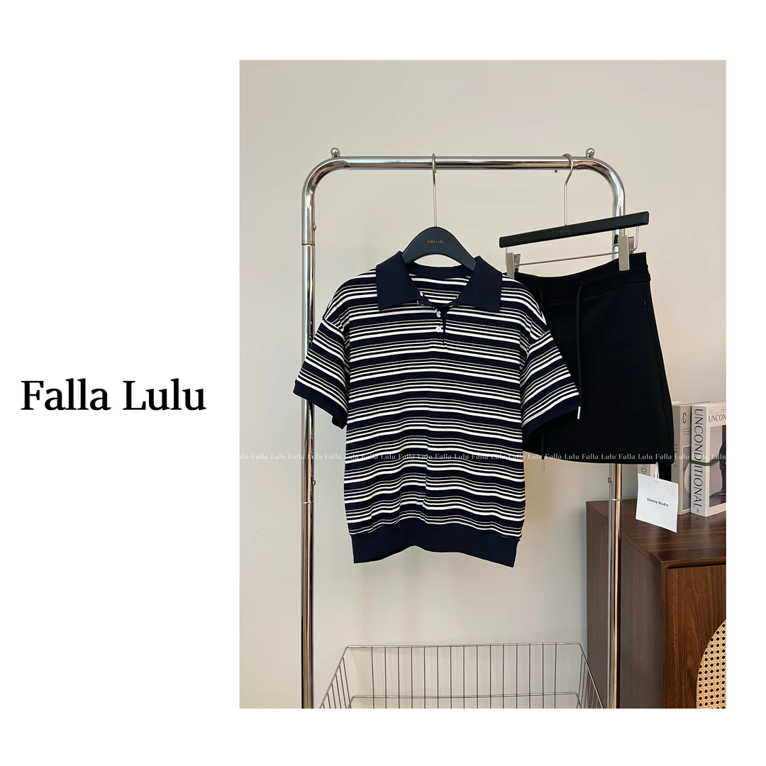 @英子家 门店订单款 极简条纹翻领T恤韩系上衣 A5729